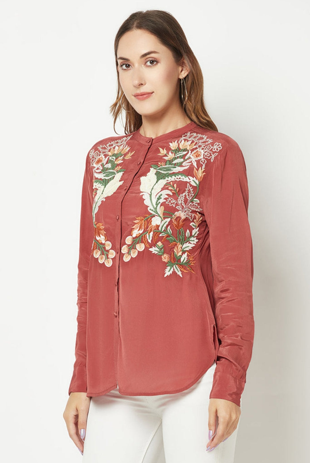 Peach Embroidered Silk Shirt