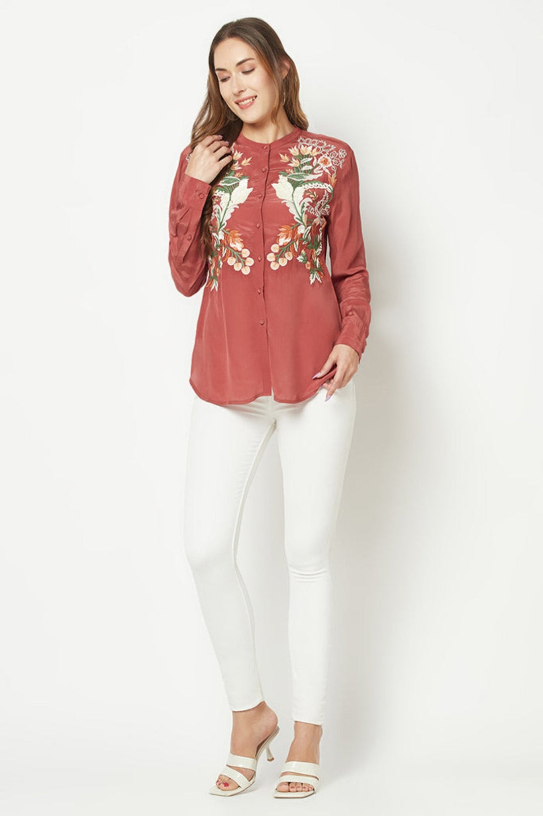 Peach Embroidered Silk Shirt