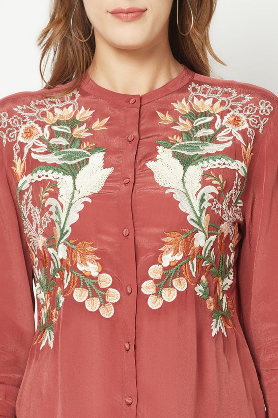 Peach Embroidered Silk Shirt