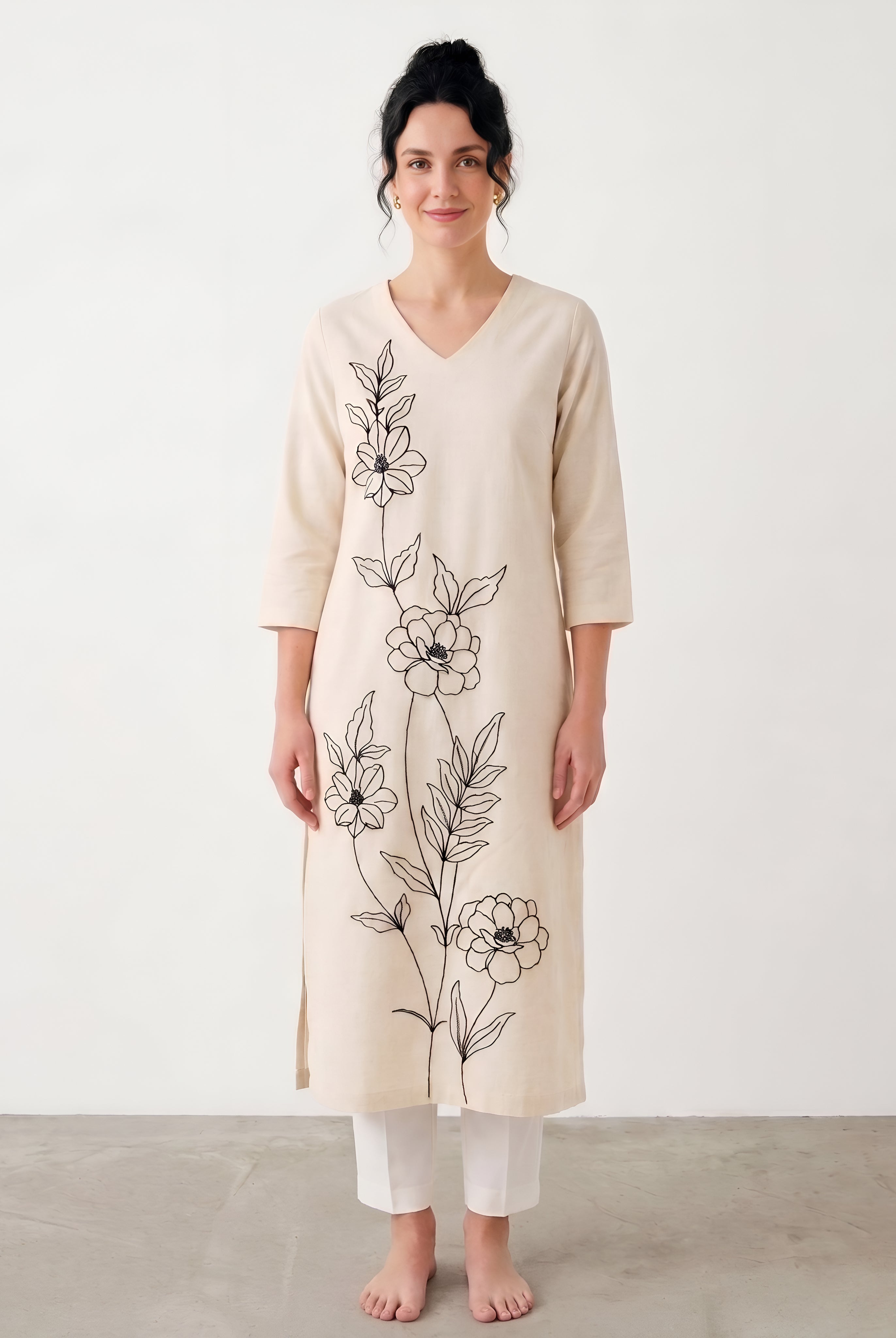 Ivory floral embroidered cotton straight fit kurta for women