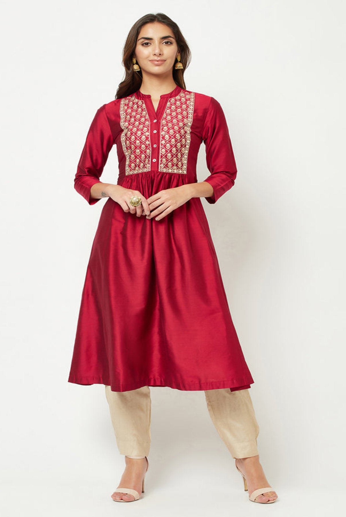 Magenta Embroidered Flared Kurta