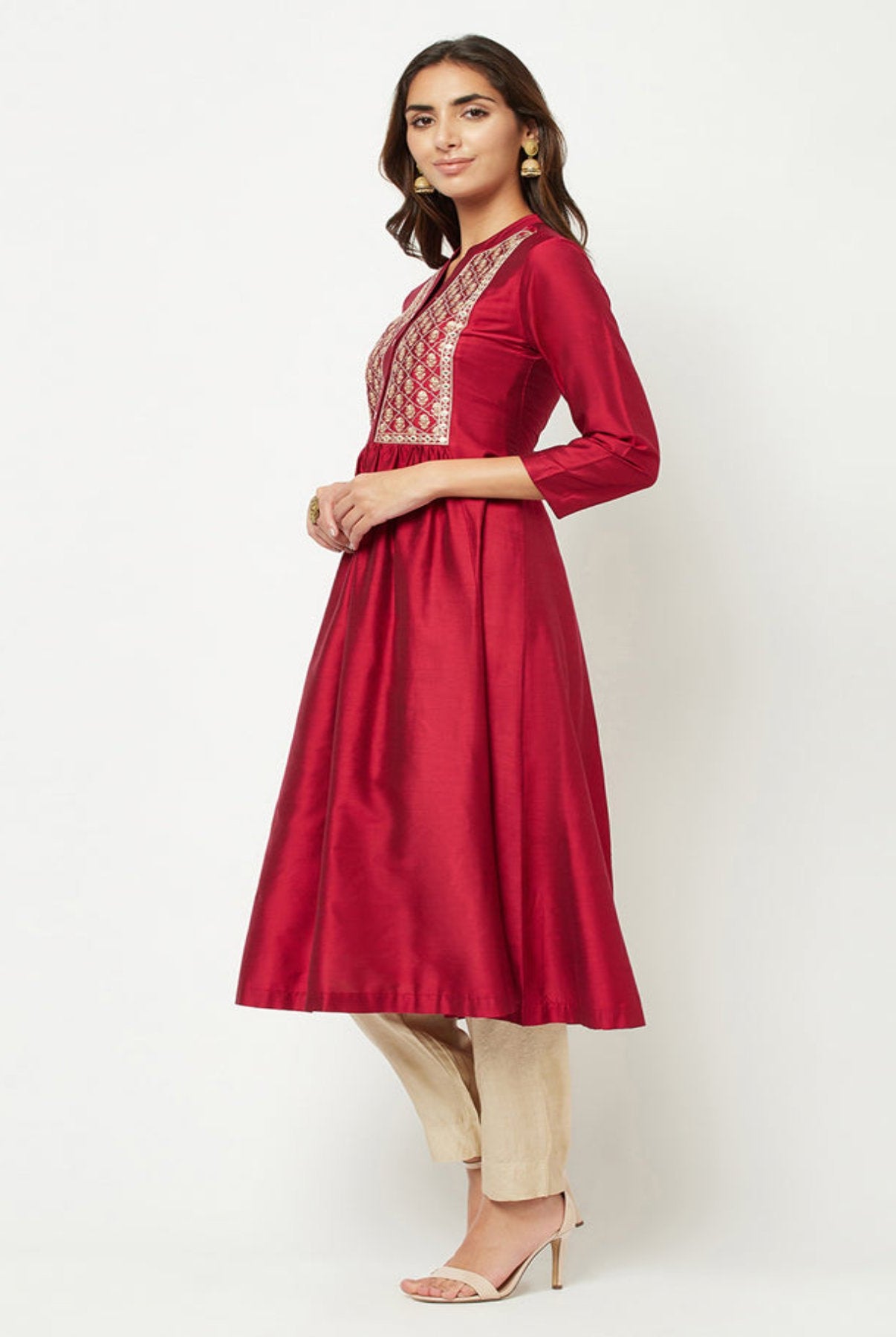 Magenta Embroidered Flared Kurta