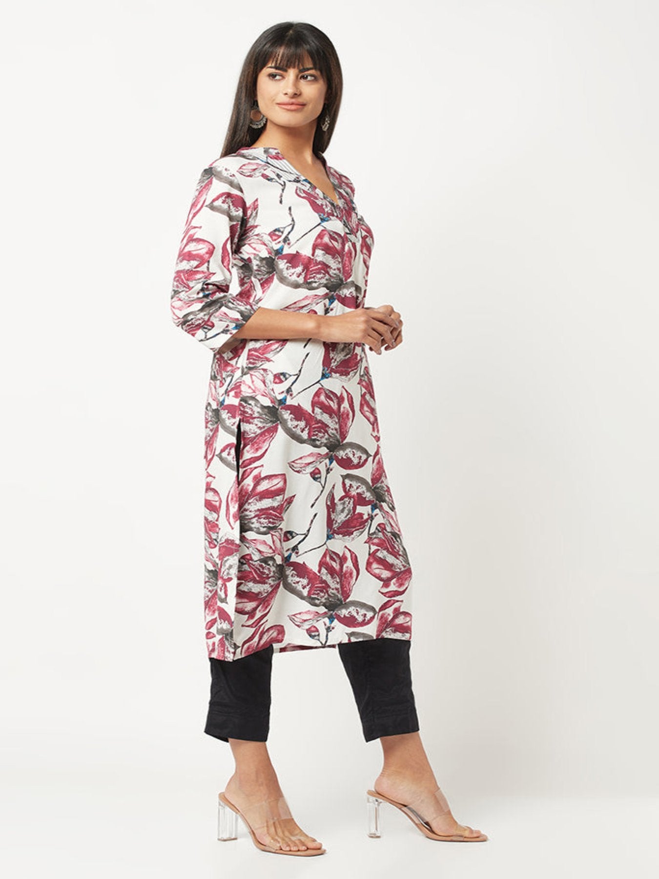 Maroon Floral Print Straight Kurta