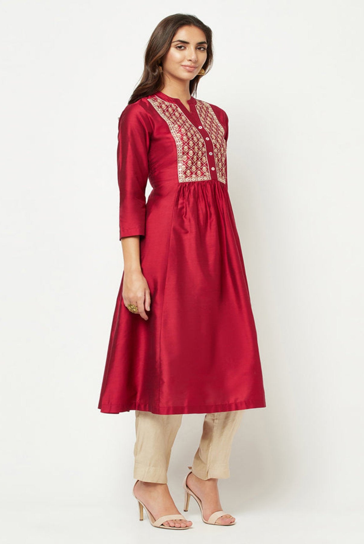 Magenta Embroidered Flared Kurta