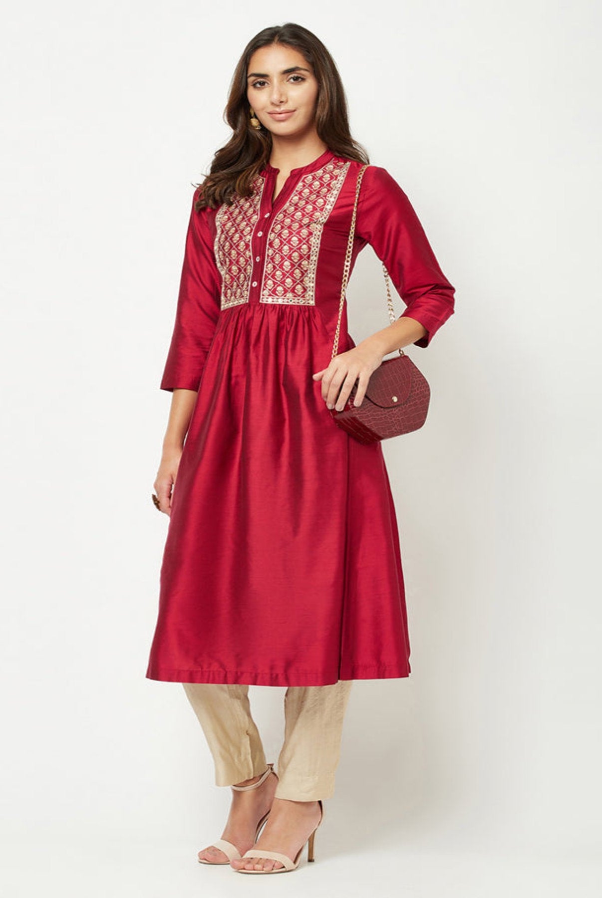 Magenta Embroidered Flared Kurta