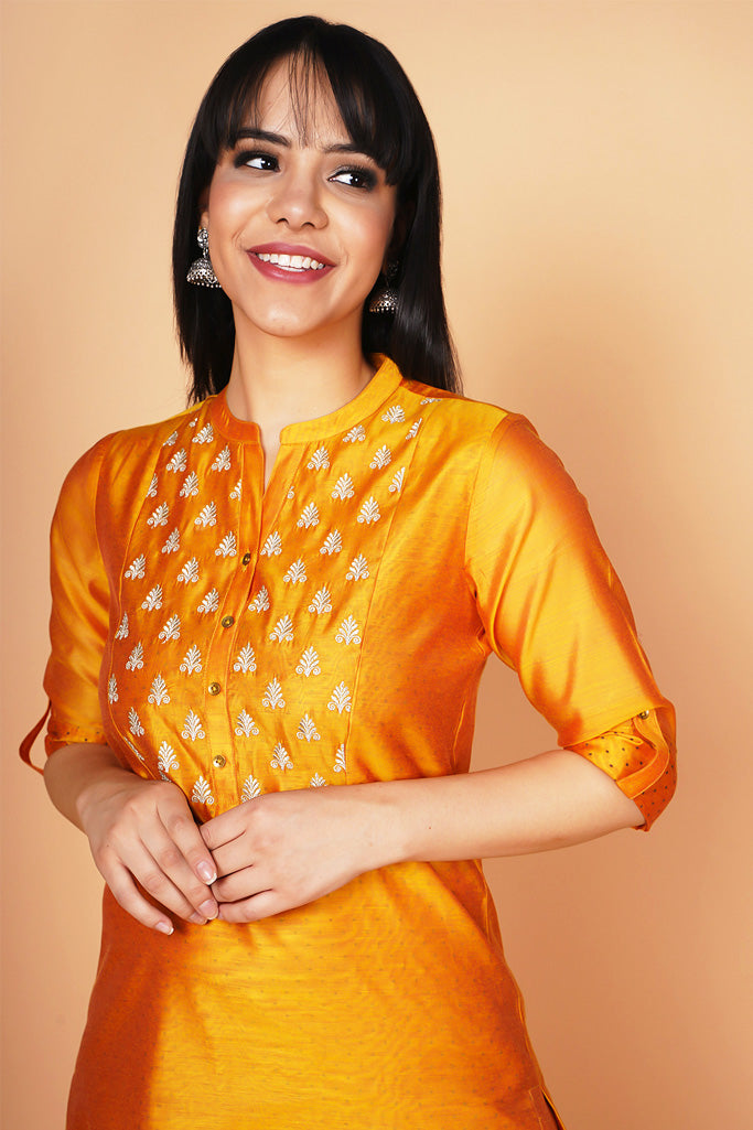 Sunrise Yellow Yoke Embroidered Chanderi Kurta Set