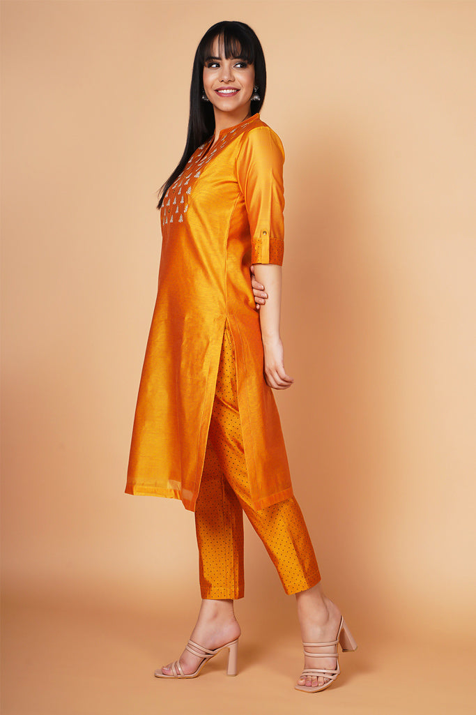Sunrise Yellow Yoke Embroidered Chanderi Kurta Set