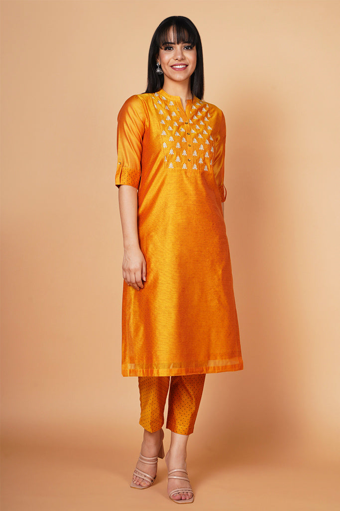Sunrise Yellow Yoke Embroidered Chanderi Kurta Set