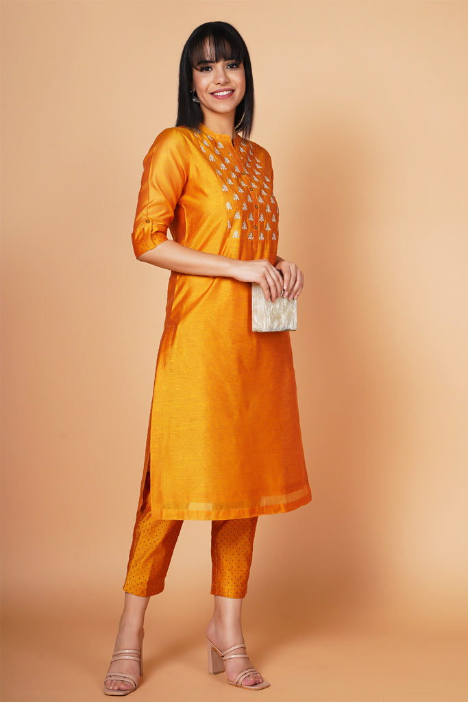 Sunrise Yellow Yoke Embroidered Chanderi Kurta Set