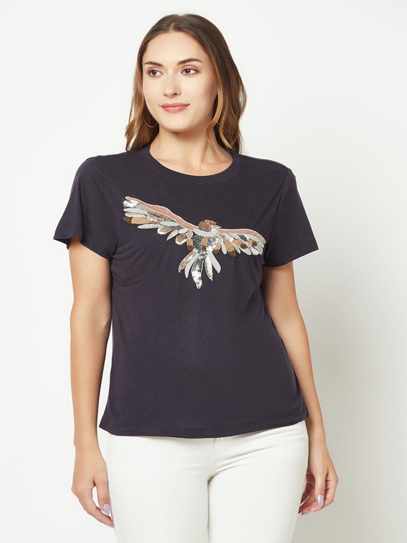 Pink Bird Embroidered T-Shirt