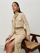 Beige Houndstooth Shirt Dress