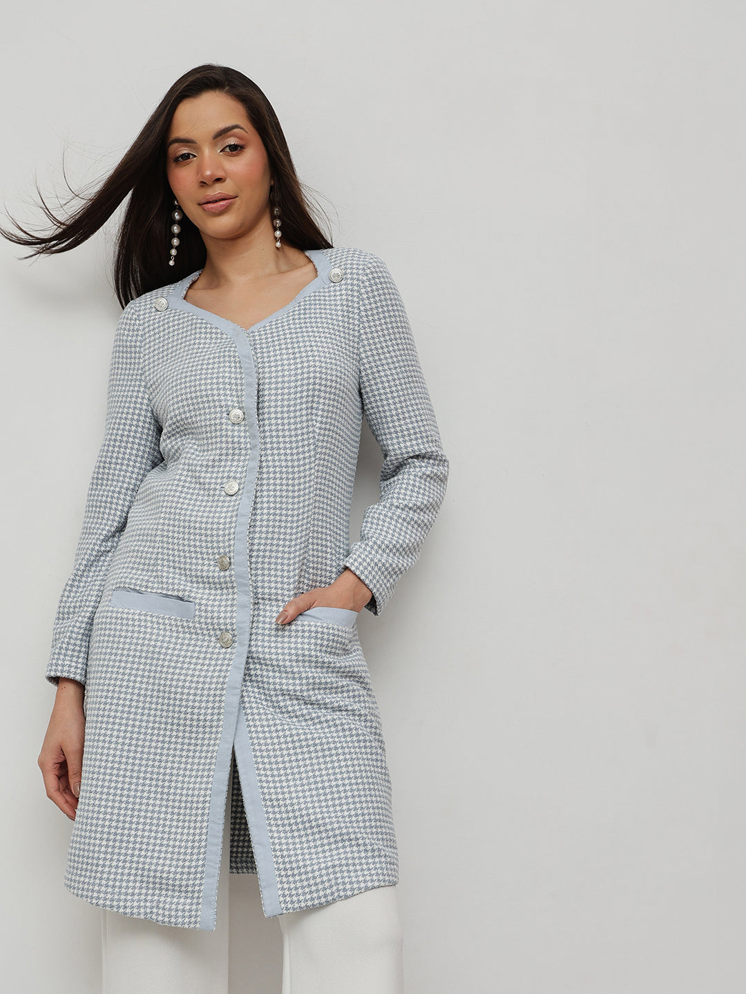 Winter Plaid Tweed Dress Blue