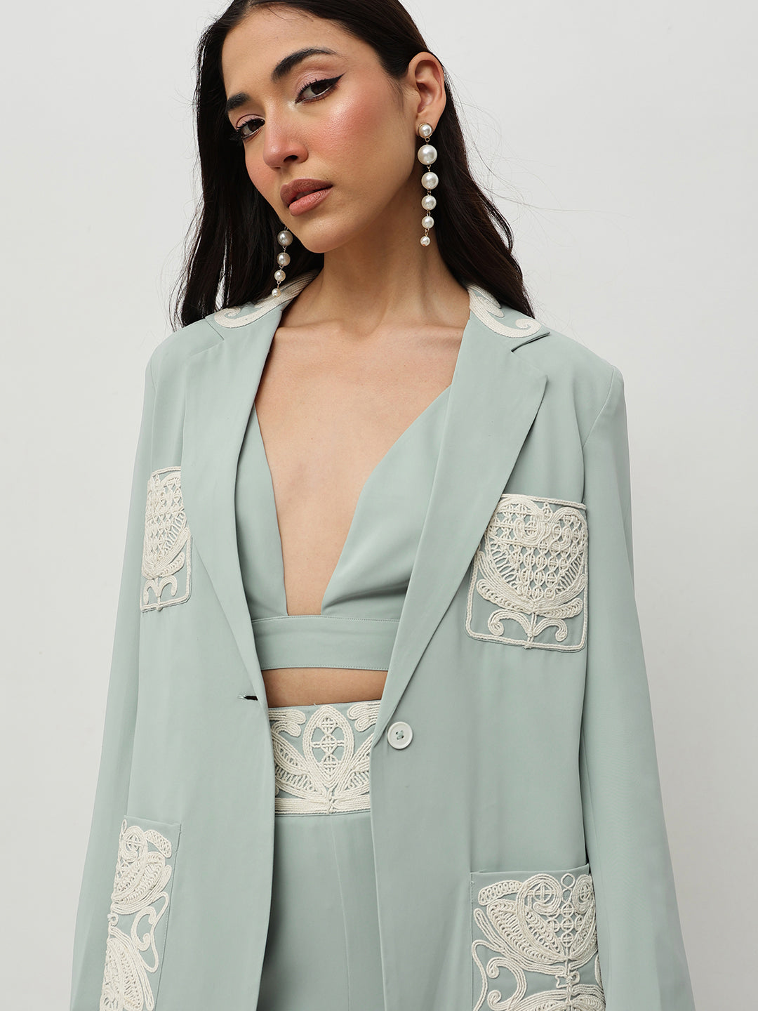 Mint Embroidered Power Suit