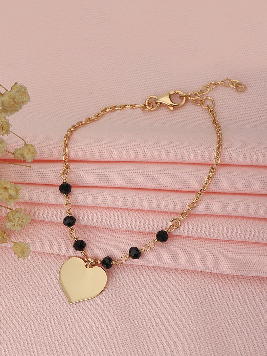 Black Beaded Heart Charm Bracelet