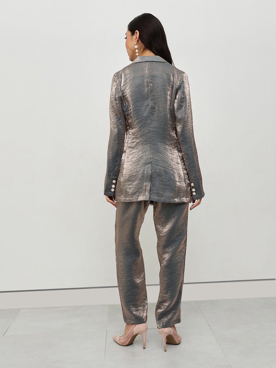 Metallic Silver Textured Power Suit