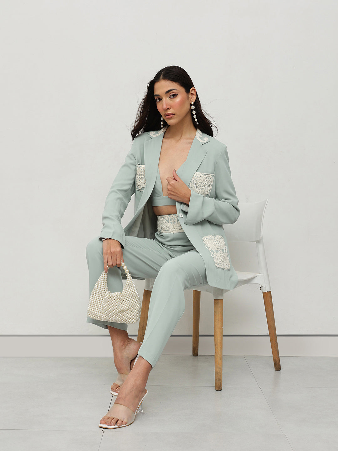 Mint Embroidered Power Suit
