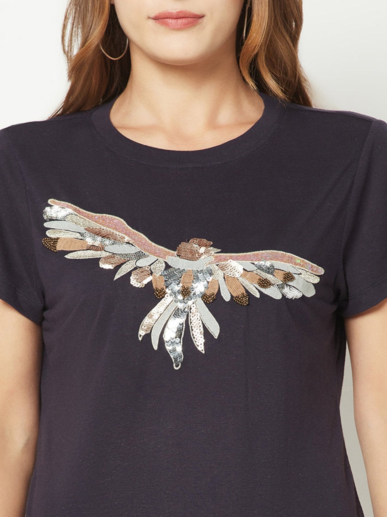 Pink Bird Embroidered T-Shirt