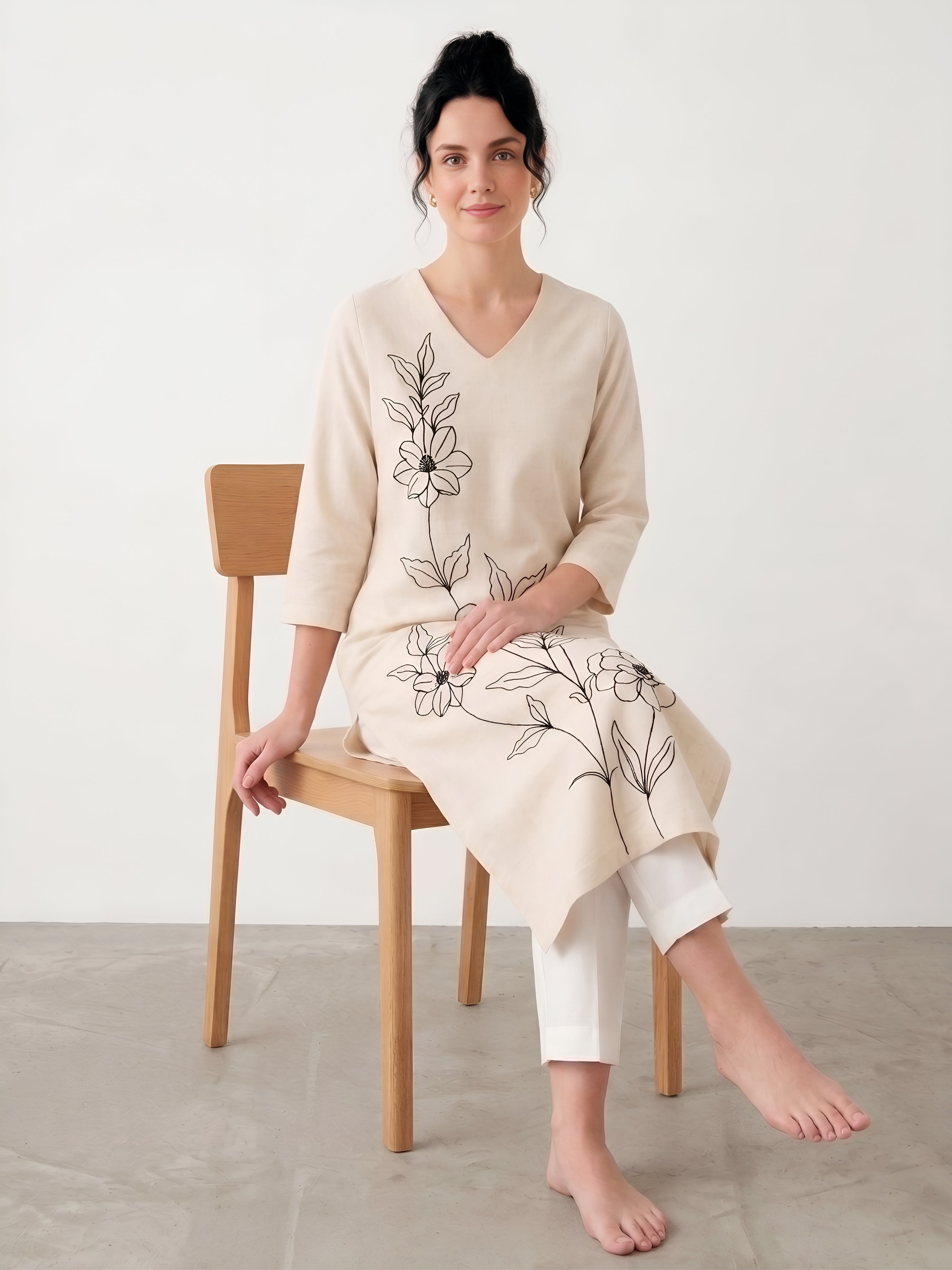 Women wearing ivory ethnic cotton kurta with straight pants