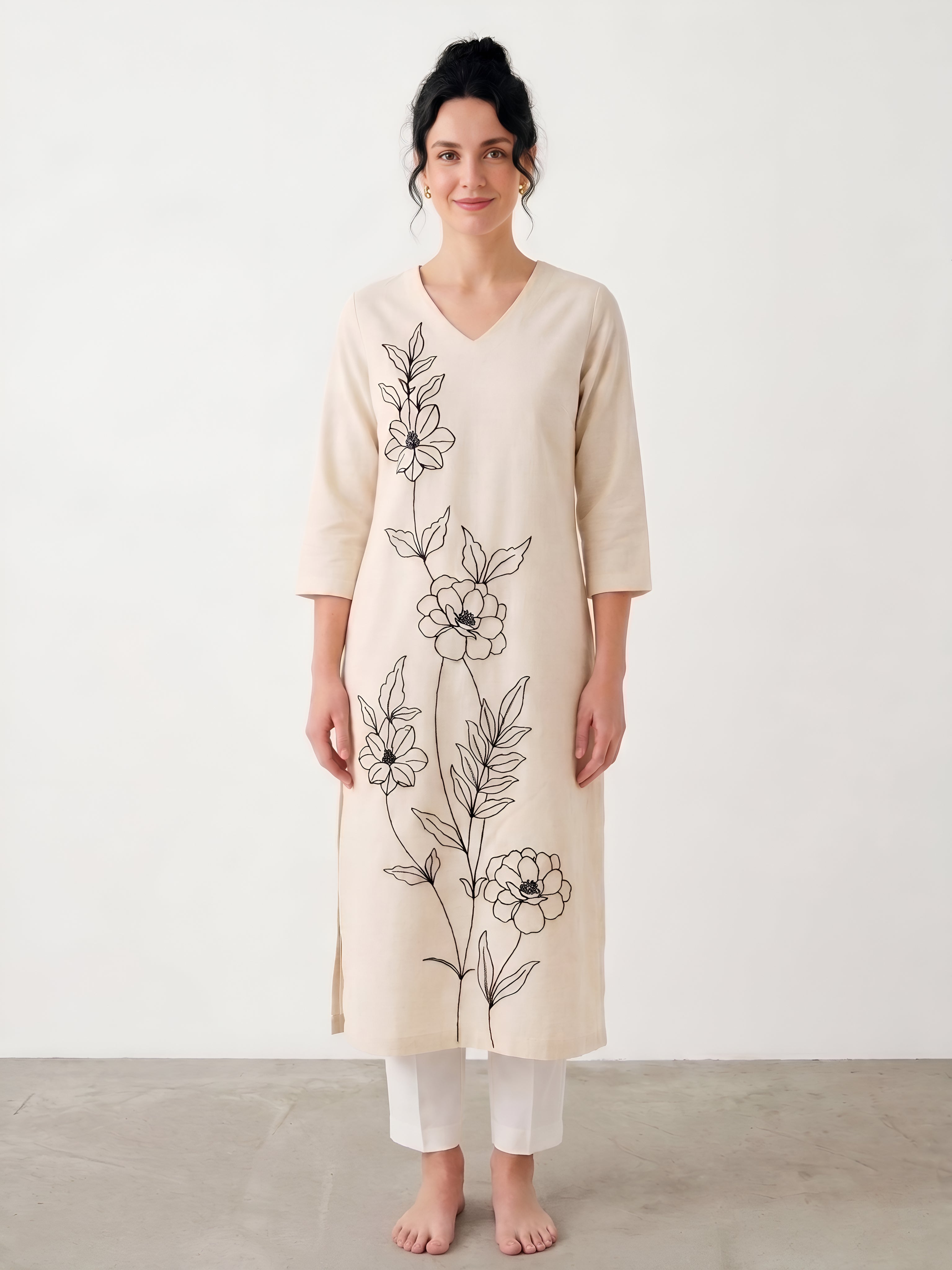 Ivory floral embroidered cotton straight fit kurta for women