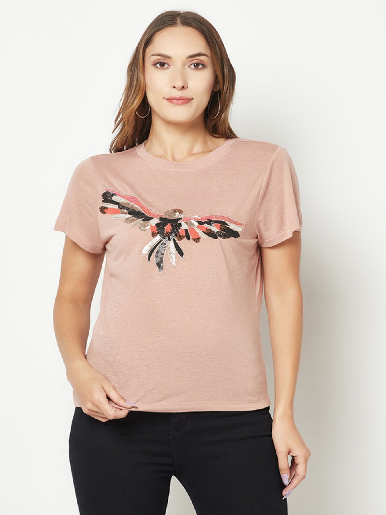 Pink Bird Embroidered T-Shirt