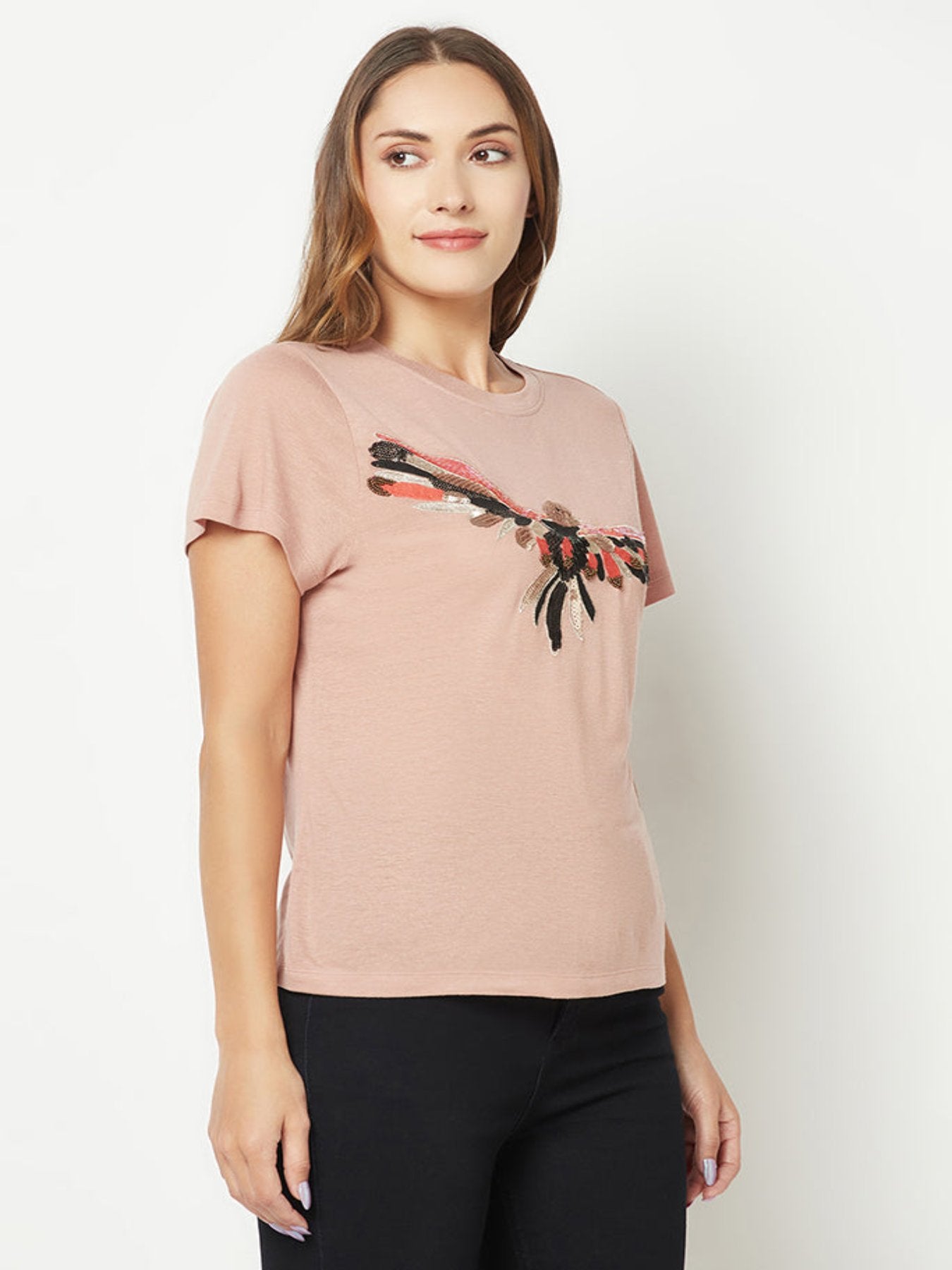 Pink Bird Embroidered T-Shirt